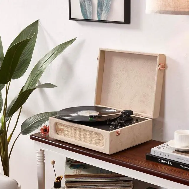 Alt view image 7 of 7 - Coryphaeus Vinyl Record Player 3-Speed Bluetooth Input and Output Built-in Speakers with Magnetic Cartridge Auto Off (Flora Engraved)