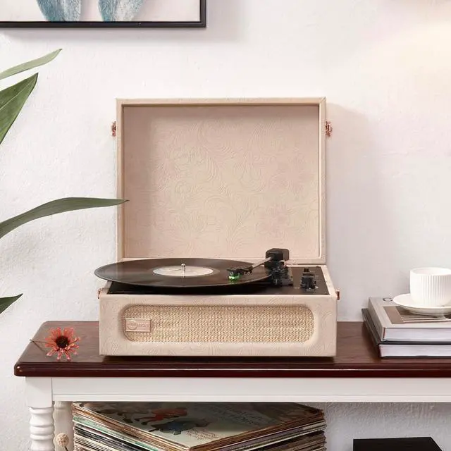 Alt view image 2 of 7 - Coryphaeus Vinyl Record Player 3-Speed Bluetooth Input and Output Built-in Speakers with Magnetic Cartridge Auto Off (Flora Engraved)