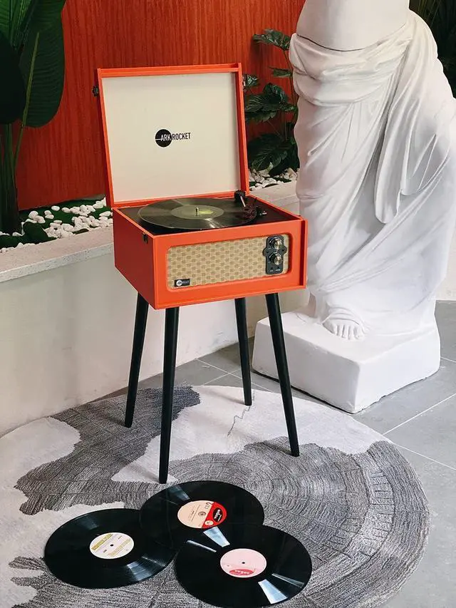Alt view image 6 of 7 - 3-Speed Bluetooth Record Player Retro Turntable with Built-in Speakers Rocket Moving Magnet Cartridges and Removable Legs (Orange)