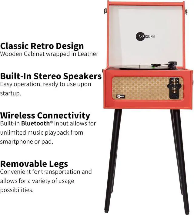 Alt view image 2 of 7 - 3-Speed Bluetooth Record Player Retro Turntable with Built-in Speakers Rocket Moving Magnet Cartridges and Removable Legs (Orange)