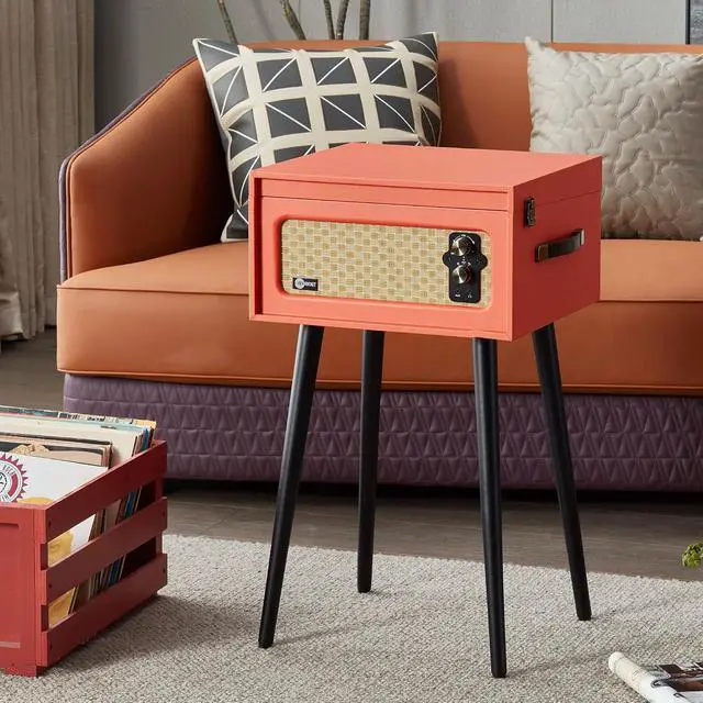 Alt view image 5 of 7 - 3-Speed Bluetooth Record Player Retro Turntable with Built-in Speakers Rocket Moving Magnet Cartridges and Removable Legs (Orange)