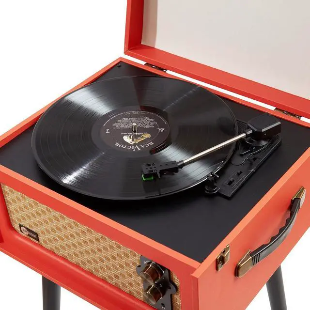 Alt view image 3 of 7 - 3-Speed Bluetooth Record Player Retro Turntable with Built-in Speakers Rocket Moving Magnet Cartridges and Removable Legs (Orange)