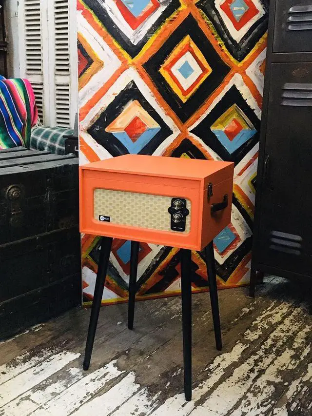 Alt view image 4 of 7 - 3-Speed Bluetooth Record Player Retro Turntable with Built-in Speakers Rocket Moving Magnet Cartridges and Removable Legs (Orange)