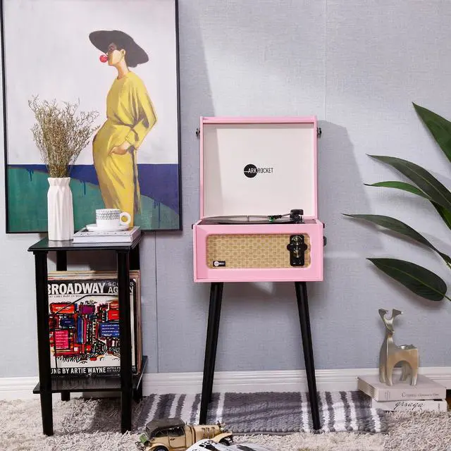 Alt view image 6 of 7 - Discovery 3-Speed Bluetooth Record Player Retro Console Turntable with Built-in Speakers and Removable Legs (Pink)