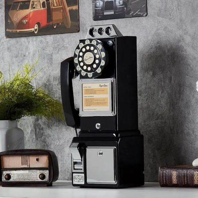 Alt view image 3 of 7 - American Retro 1950's Payphone with Coin Bank Wall-Mount Corded Phone (Black)