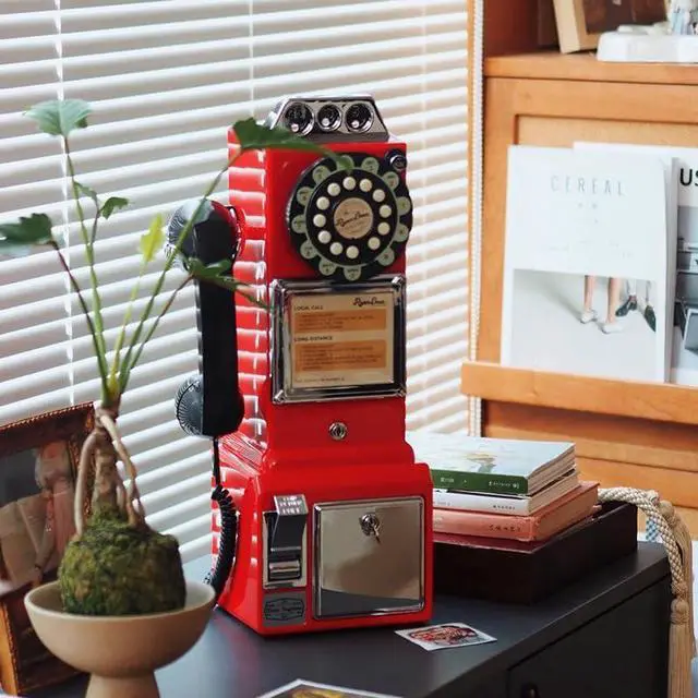 Alt view image 2 of 7 - American Retro 1950's Payphone with Coin Bank Wall-Mount Corded Phone (Red)