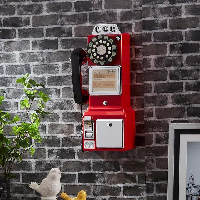 Alt view image 3 of 7 - American Retro 1950's Payphone with Coin Bank Wall-Mount Corded Phone (Red)