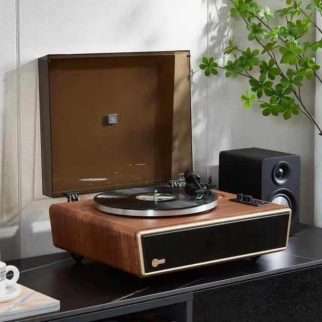 Alt view image 2 of 7 - High Fidelity Bluetooth Record Player with Built-in Speakers Belt Drive Vinyl Turntable with Moving Magnet Cartridge, Bluetooth Input Output and Aux-in (Walnut)