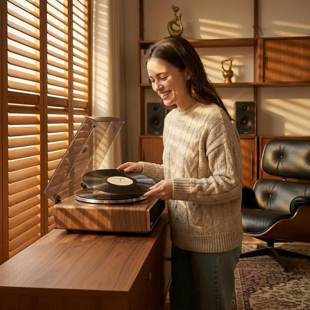 Alt view image 6 of 7 - High Fidelity Bluetooth Record Player with Built-in Speakers Belt Drive Vinyl Turntable with Moving Magnet Cartridge, Bluetooth Input Output and Aux-in (Walnut)