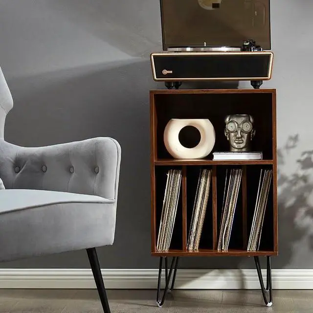 Alt view image 6 of 7 - High Fidelity Bluetooth Record Player with Built-in Speakers Belt Drive Vinyl Turntable with Moving Magnet Cartridge, Bluetooth Input Output and Aux-in (Huygens Walnut + Audio Rack)