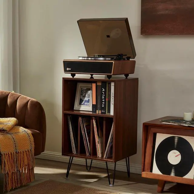 Alt view image 2 of 7 - High Fidelity Bluetooth Record Player with Built-in Speakers Belt Drive Vinyl Turntable with Moving Magnet Cartridge, Bluetooth Input Output and Aux-in (Huygens Walnut + Audio Rack)