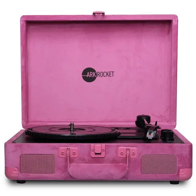 Alt view image 4 of 6 - Bluetooth Turntable Retro Suitcase 3-Speed Record Player with Built-in Speakers (Hot Pink Velvet)