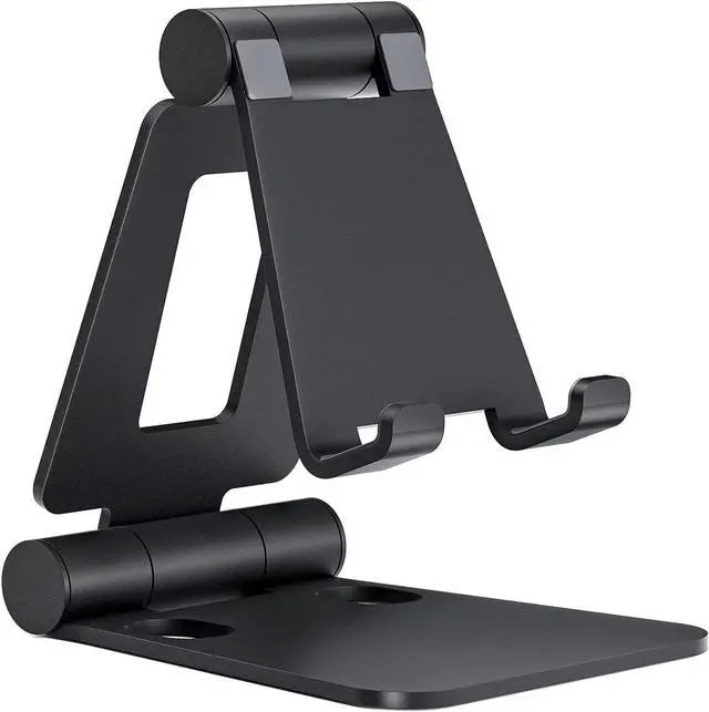 Main image of T82 Aluminum Desktop Phone Stand, Portable Dual-Fold Adjustable Smartphone Holder for Live Streaming & Video Calls, Black