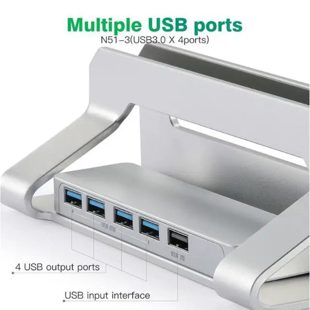Alt view image 6 of 7 - N51-3 Clip-On Vertical Laptop Stand with 4-Port USB 3.0 Hub, Adjustable Upright Notebook Holder