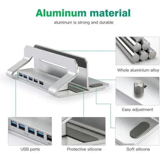 Alt view image 3 of 7 - N51-3 Clip-On Vertical Laptop Stand with 4-Port USB 3.0 Hub, Adjustable Upright Notebook Holder