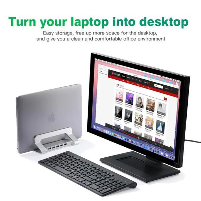 Alt view image 7 of 7 - N51-3 Clip-On Vertical Laptop Stand with 4-Port USB 3.0 Hub, Adjustable Upright Notebook Holder