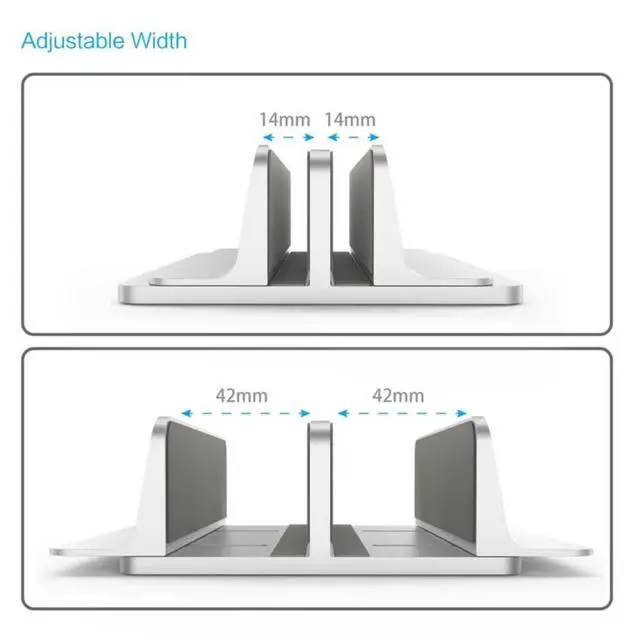 Alt view image 2 of 7 - Adjustable Width Vertical Laptop Stand with 2 Slots, Durable Aluminum Alloy Construction, Space-Saving Desktop Organizer for Laptops, Tablets & More - Silver