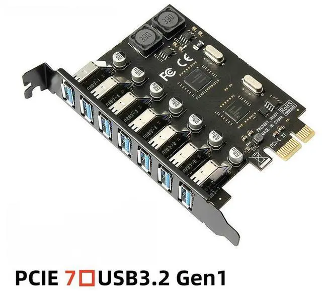 Main image of PCIe to USB 3.0 adapter with 7 ports for PCIE expansion card for desktop computers. No external power supply required. NEC chip.