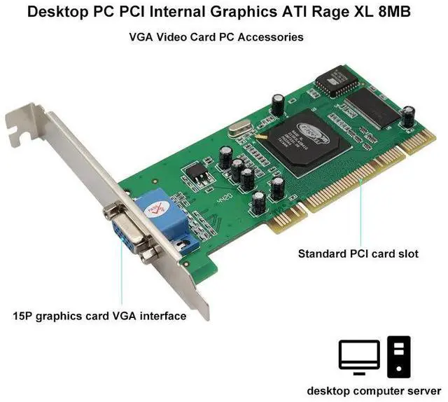 Main image of ATI Rage XL 8MB PCI Internal Graphics Card VGA Port Display Adapter for Desktop PC, Standard PCI Slot, Monitor Connectivity, Video Signal Card for Legacy Systems