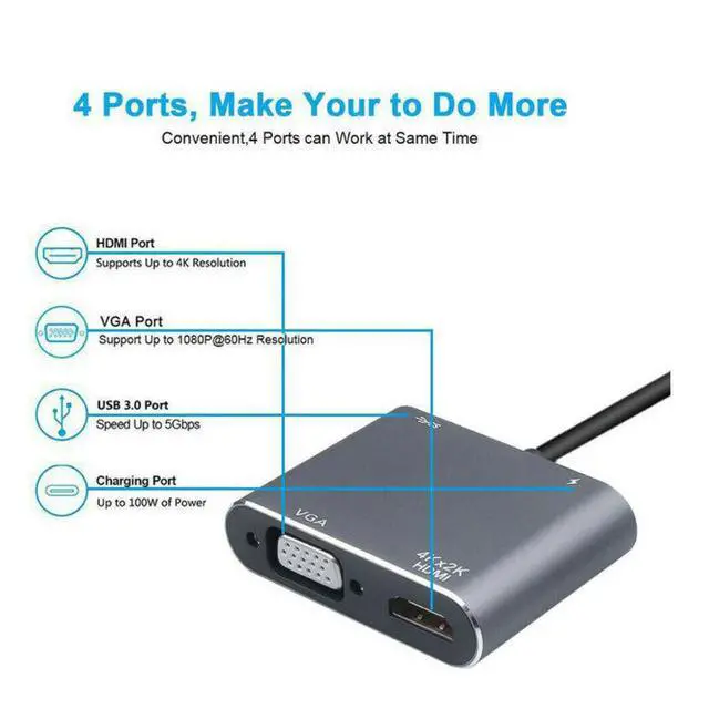 Alt view image 3 of 5 - 4-in-1 USB-C Docking Station Type-C to HDMI / VGA Converter, USB 3.0 Hub, PD Fast Charging, Multi-Port Adapter for Laptop / Tablet / Phone