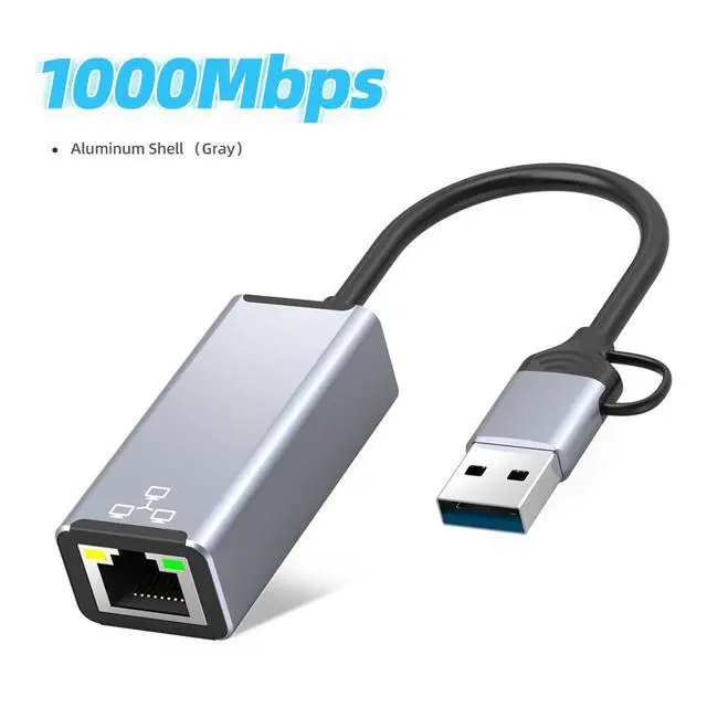 Alt view image 4 of 4 - Dual-Head Type-C / USB to RJ45 Ethernet Adapter Gigabit Wired Network Converter for Phone / PC / Laptop, USB-C & USB-A to 1000Mbps LAN Dongle