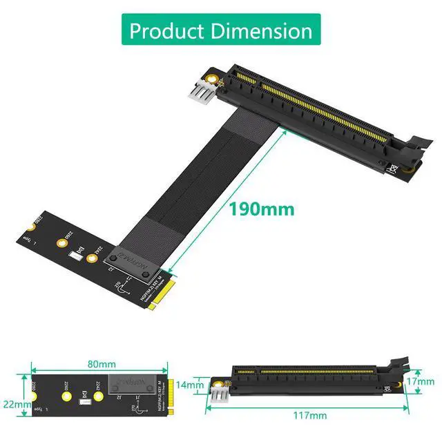 Alt view image 7 of 7 - PCIe 16X 90-Degree to M.2 NGFF Key M Adapter PCI-E x16 to M.2 PCIe Extension Cable for Graphics Card / SSD, 90° Angled Riser for Desktop PC - Left direction
