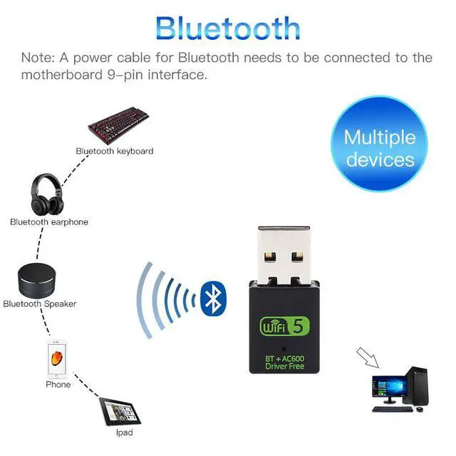 Alt view image 6 of 7 - 600Mbps Dual-Band USB Bluetooth WiFi Adapter 2-in-1 Wireless Network Card with Bluetooth, Driver-Free for Desktop / Laptop PC, 2.4G / 5G WiFi + BT Combo
