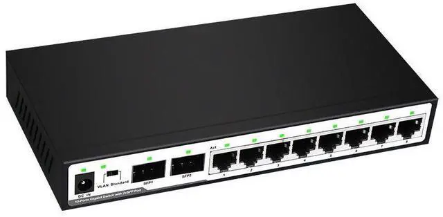 Main image of 10-Port Gigabit Switch with VLAN Isolation 8 x RJ45 + 2 x SFP Fiber Ports, 8+2 Port Network Splitter, Gigabit Ethernet Switch for Business / Surveillance