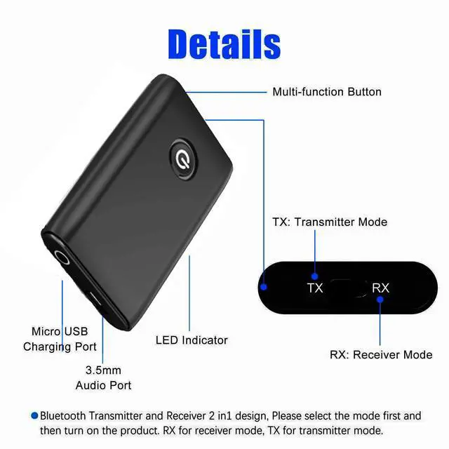 Alt view image 3 of 7 - B10S Bluetooth 5.3 Audio Adapter 2-in-1 Transmitter & Receiver, 3.5mm AUX, for TV / PC / Speaker / Car