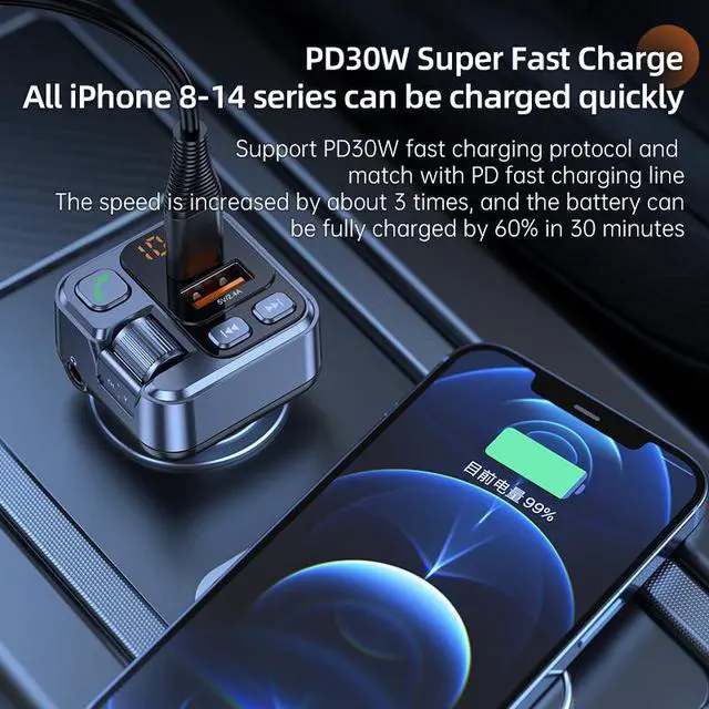 Alt view image 3 of 5 - Car MP3 Player with FM Transmitter PD30W Fast Charging + 2.4A Port, Bluetooth Hands-Free & AUX Playback Car Charger