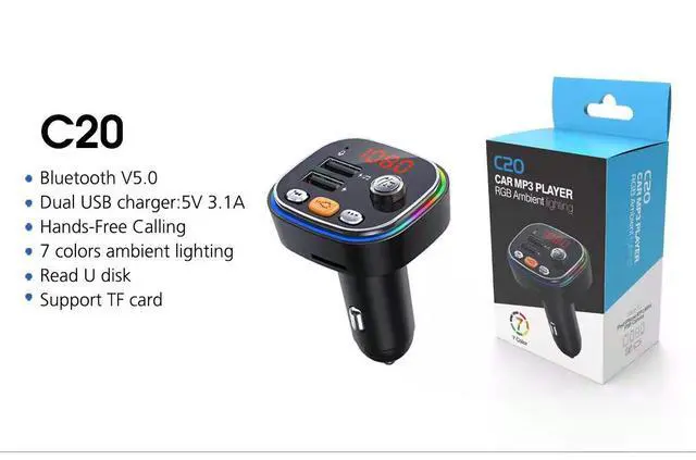 Alt view image 2 of 6 - C20 Car Bluetooth MP3 Player FM Transmitter, Hands-Free Calling, Quick Charge, USB/TF Card Playback