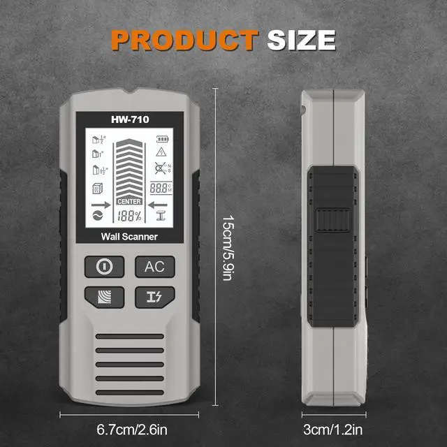Alt view image 5 of 7 - HW-710 5-in-1 Wall Scanner Stud Finder / Metal Detector / AC Wire Detector, Multi-Function Measuring Instrument for Home Improvement - Silver