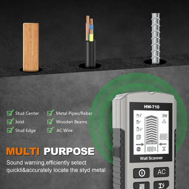 Alt view image 4 of 7 - HW-710 5-in-1 Wall Scanner Stud Finder / Metal Detector / AC Wire Detector, Multi-Function Measuring Instrument for Home Improvement - Silver