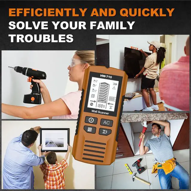 Alt view image 4 of 7 - HW-710 5-in-1 Wall Scanner Stud Finder / Metal Detector / AC Wire Detector, Multi-Function Measuring Instrument for Home Improvement - Yellow