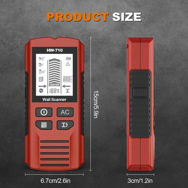 Alt view image 2 of 7 - HW-710 5-in-1 Wall Scanner Stud Finder / Metal Detector / AC Wire Detector, Multi-Function Measuring Instrument for Home Improvement - Red