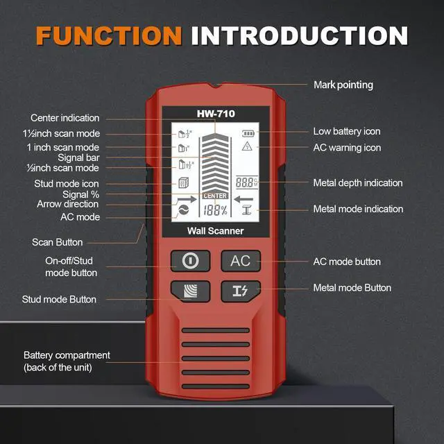 Alt view image 3 of 7 - HW-710 5-in-1 Wall Scanner Stud Finder / Metal Detector / AC Wire Detector, Multi-Function Measuring Instrument for Home Improvement - Red