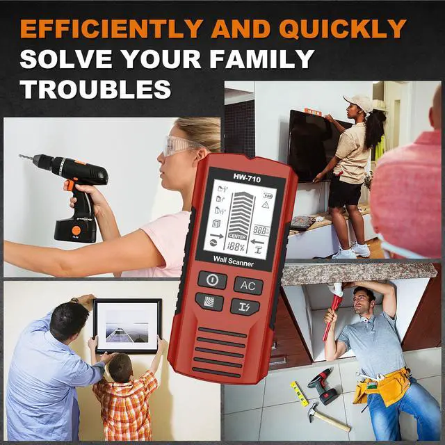 Alt view image 4 of 7 - HW-710 5-in-1 Wall Scanner Stud Finder / Metal Detector / AC Wire Detector, Multi-Function Measuring Instrument for Home Improvement - Red