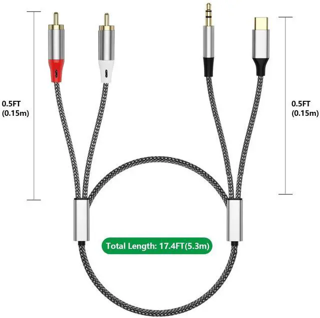 Alt view image 2 of 5 - 2-in-1 USB-C & 3.5mm to 2 RCA Audio Adapter Cable, Braided Stereo Y-Splitter with DAC Chip, for Smartphone, Tablet, Laptop to Amplifier, Soundbar, Home Theater & Subwoofer - 5.3m