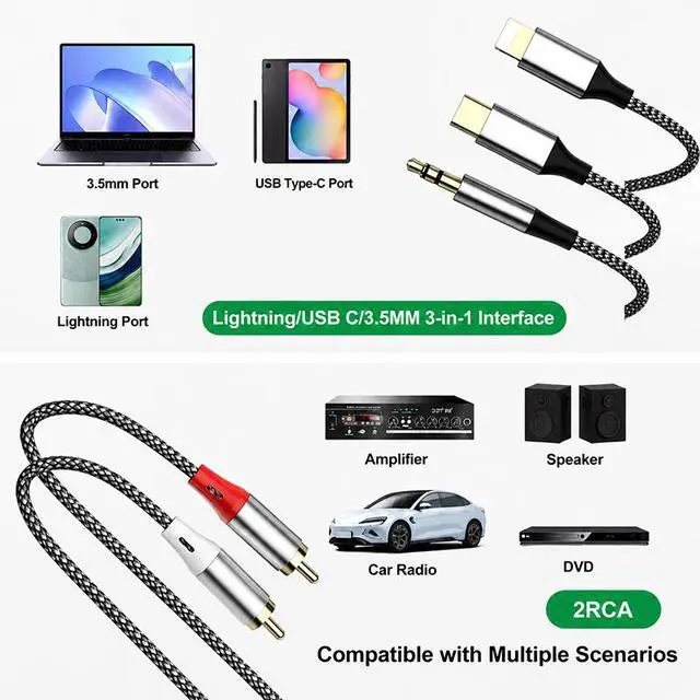 Alt view image 2 of 4 - Universal 3.5mm / USB Type-C / Lightning to Dual RCA Stereo Audio Cable, Nylon Braided Y-Splitter Cord for Cell Phones, Tablets to AV Receiver, Car Radio, Speaker System & Home Theater