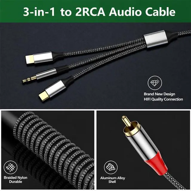 Alt view image 3 of 4 - Universal 3.5mm / USB Type-C / Lightning to Dual RCA Stereo Audio Cable, Nylon Braided Y-Splitter Cord for Cell Phones, Tablets to AV Receiver, Car Radio, Speaker System & Home Theater