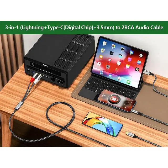 Alt view image 4 of 4 - Universal 3.5mm / USB Type-C / Lightning to Dual RCA Stereo Audio Cable, Nylon Braided Y-Splitter Cord for Cell Phones, Tablets to AV Receiver, Car Radio, Speaker System & Home Theater