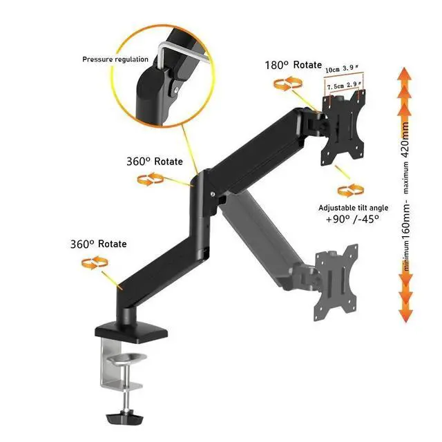 Alt view image 3 of 7 - Gas Spring Monitor Arm for 13-32" Screens 360° Full Motion Adjustment, Ergonomic Desk Mount with Free Rotation & Tilt - black