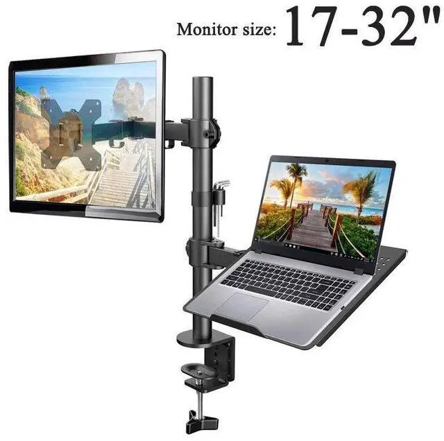 Main image of Dual-Screen Desk Mount Mechanical Arm for Laptop + Secondary Monitor, 360° Swivel & Tilt, Space-Saving Suspended Stand