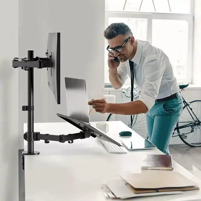 Alt view image 6 of 7 - Dual-Screen Desk Mount Mechanical Arm for Laptop + Secondary Monitor, 360° Swivel & Tilt, Space-Saving Suspended Stand