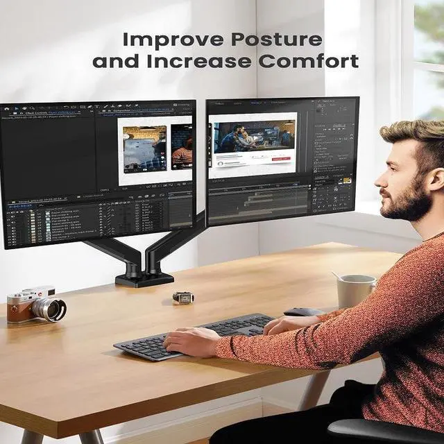 Alt view image 2 of 7 - Adjustable Dual Monitor Stand for 32-Inch Screens 360° Swivel & Tilt Ergonomic Desk Mount for Home and Office Use