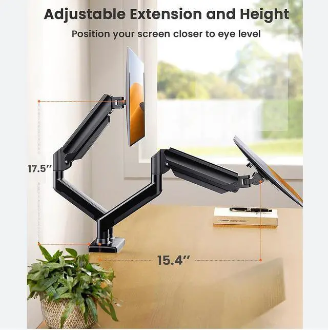 Alt view image 3 of 7 - Adjustable Dual Monitor Stand for 32-Inch Screens 360° Swivel & Tilt Ergonomic Desk Mount for Home and Office Use