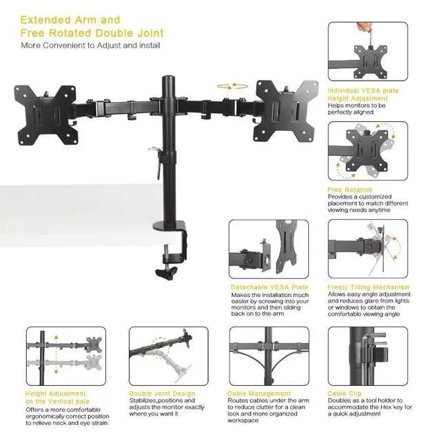 Alt view image 5 of 7 - Dual Monitor Stand Side-by-Side & Stacked Setup, 2-in-1 Laptop/PC Mount, Tool-Free Clamp, Adjustable Ergonomic Desk Stand