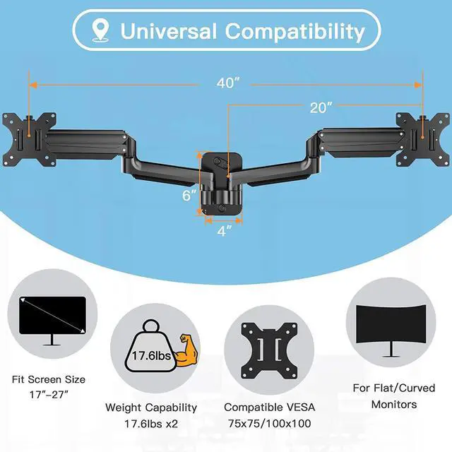 Alt view image 3 of 6 - Dual-Arm Gas Spring Monitor Wall Mount Height-Adjustable, 360° Rotation, Supports 2 Screens, Space-Saving Design