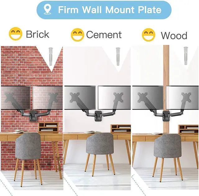 Alt view image 6 of 6 - Dual-Arm Gas Spring Monitor Wall Mount Height-Adjustable, 360° Rotation, Supports 2 Screens, Space-Saving Design