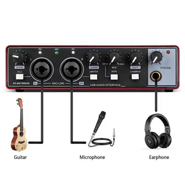 Alt view image 5 of 7 - Professional Recording Sound Card for Microphone Studio-Grade Audio Interface for Band Recording / Voice-Over / Live Streaming - red